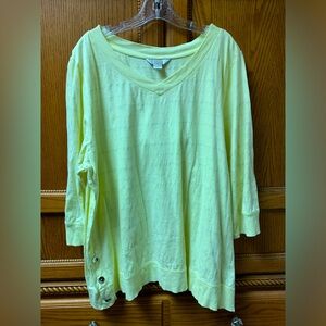 Cj Banks Women’s Yellow V-Neck 3/4 Sleeve Yellow Button Detail Shirt Size 2X